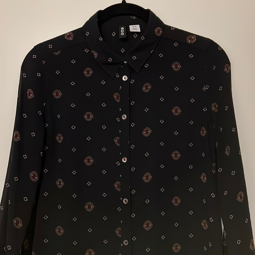 BDG Black Button-Down Shirt with Brown and White Medallion Print